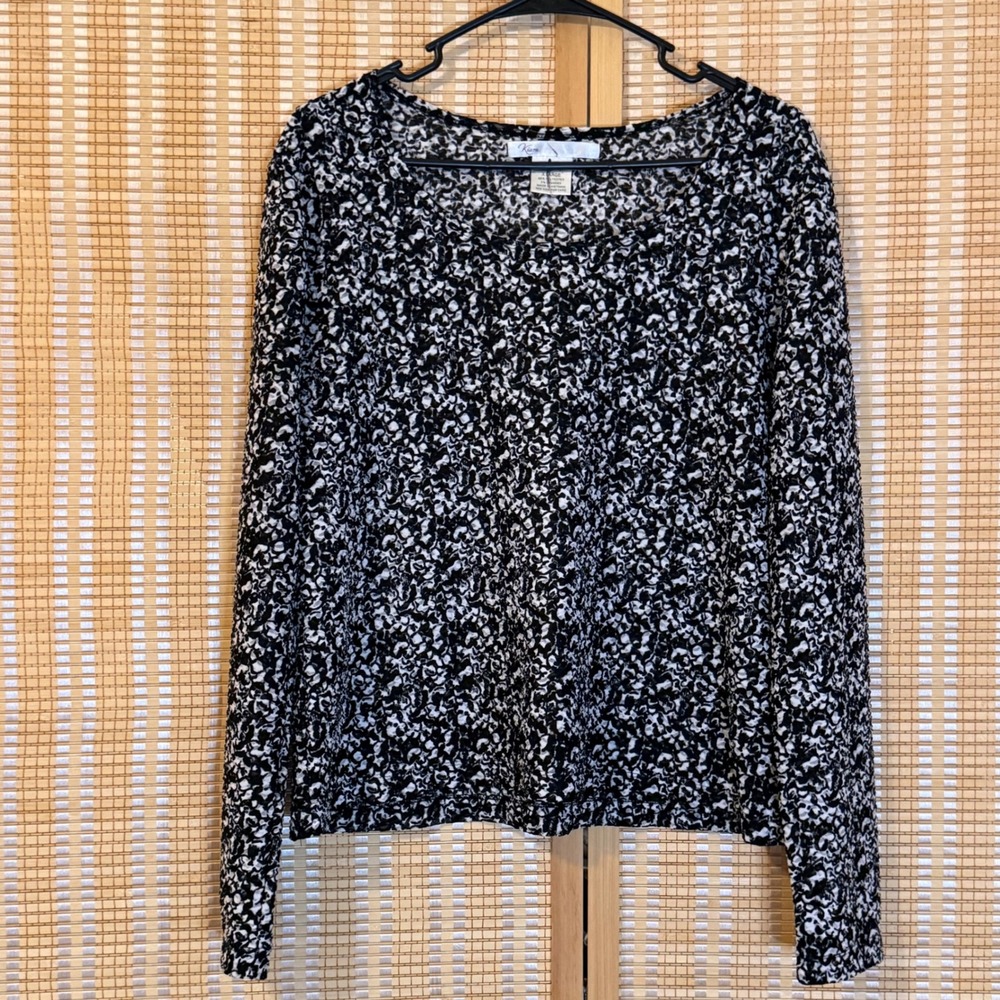 Kiara Womens XL Black White Jacquard Crinkle Knit Long Sleeve Top Lagenlook